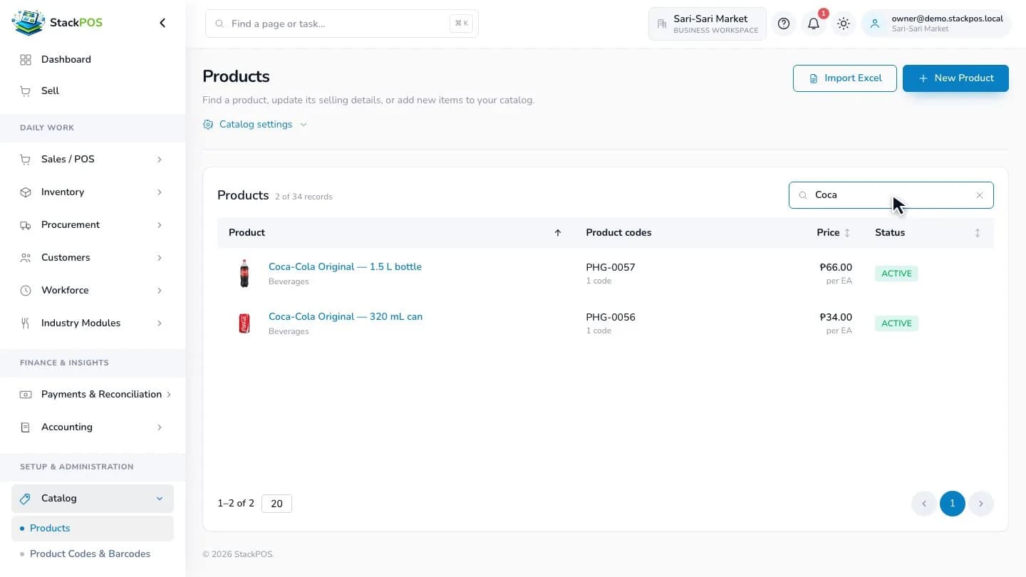 StackPOS product catalog showing searchable grocery products, product codes and PHP prices