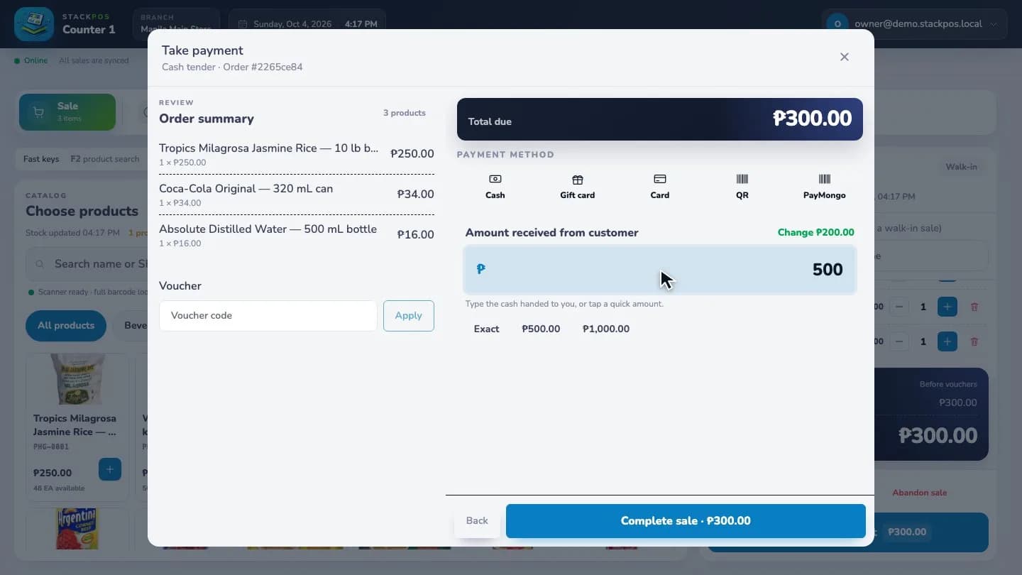 StackPOS cash payment screen for a sample PHP 300 grocery sale with PHP 500 received and PHP 200 change